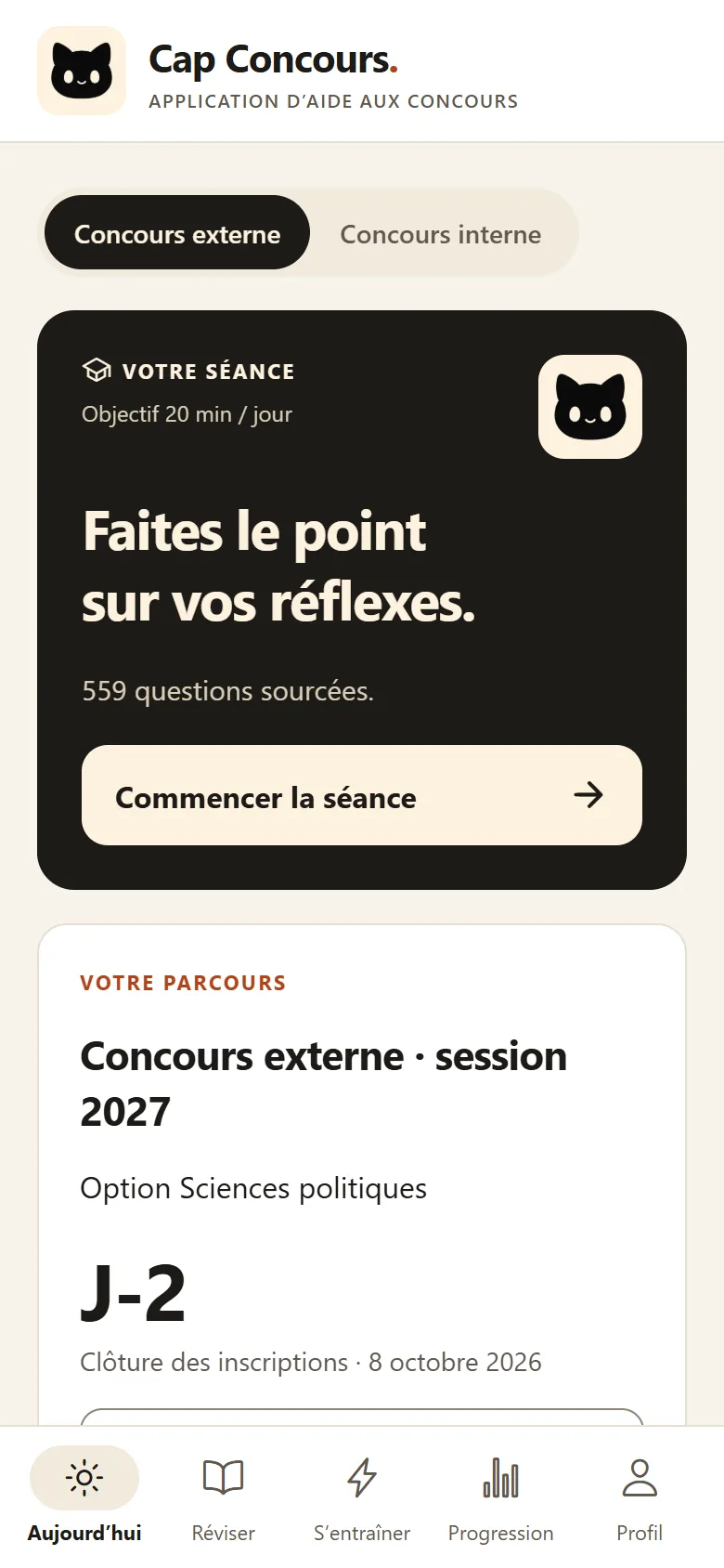 L’accueil de Cap Concours sur téléphone&nbsp;: la carte «&nbsp;Votre séance&nbsp;», le parcours choisi et le compte à rebours