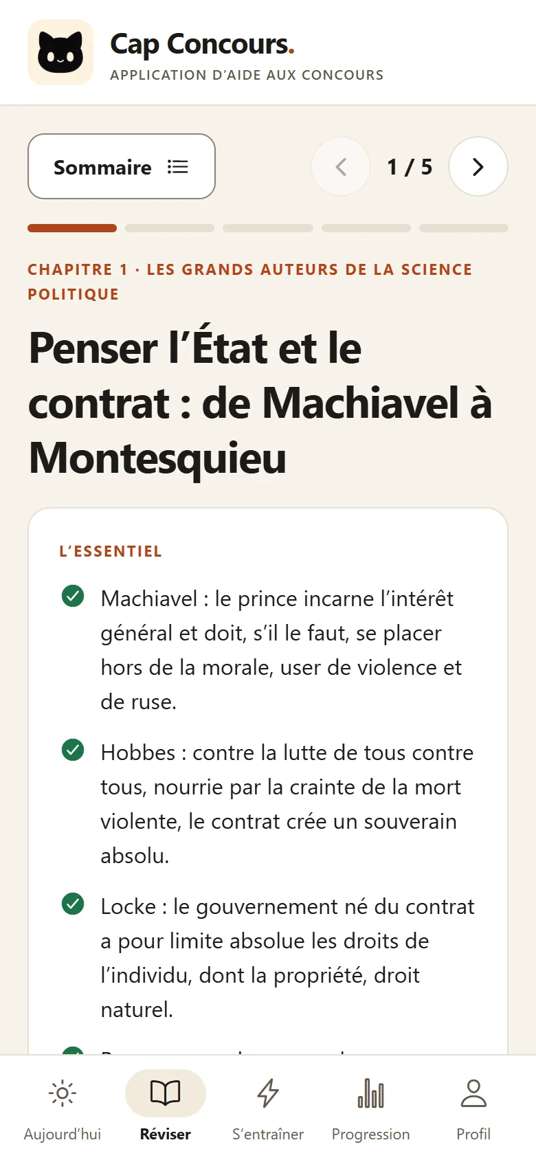 Un chapitre de fiche sur téléphone&nbsp;: «&nbsp;L’essentiel&nbsp;» en quatre idées, puis les mots-clés et les auteurs à citer